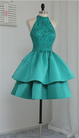 Picture of Chic Green Satin and Lace Layers Homecoming Dresses, New Homecoming Dresses